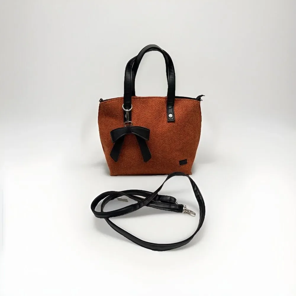 Mucros Weavers Emily Style Tweed Wool Hand Bag Burnt Orange Ireland Bow Accent